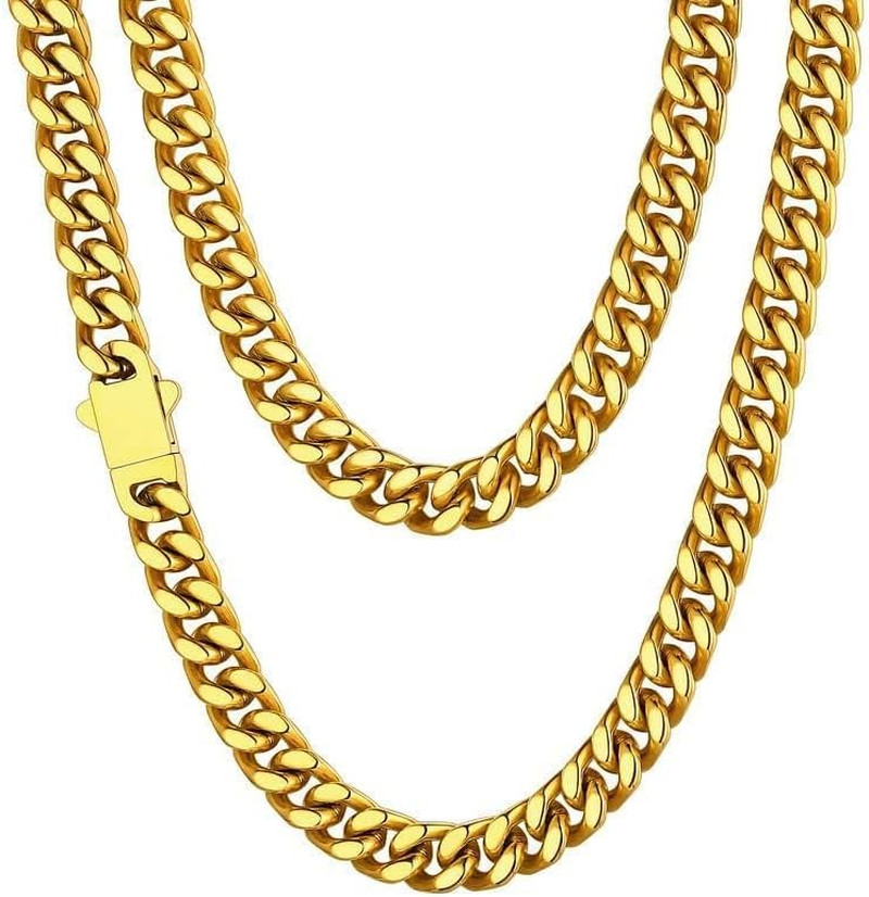 Stainless Steel Mens Cuban Link Chain, Black/ 18K Gold Plated Miami Cuban Chain