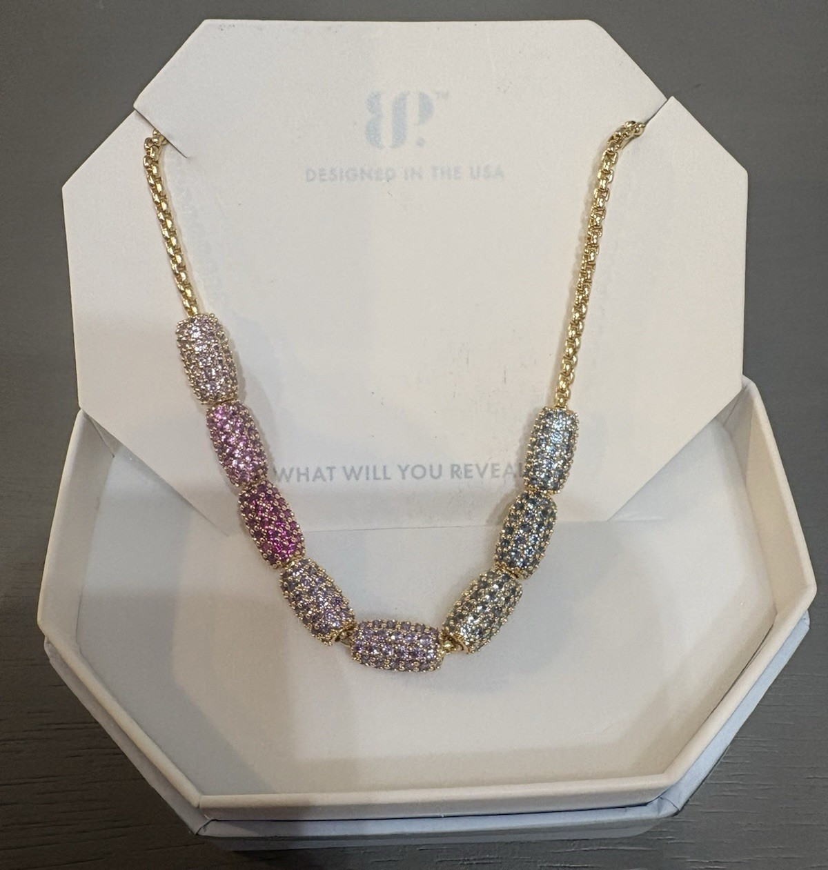 BP Gold Plated Multicolor CZ Pavé Barrel Bead Cable Chain Necklace 18″ NK33023