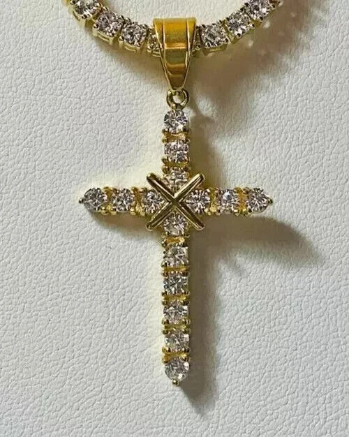 2 Ct Round Cut Real Moissanite Men’s Cross Charm Pendant 14K Yellow Gold Plated