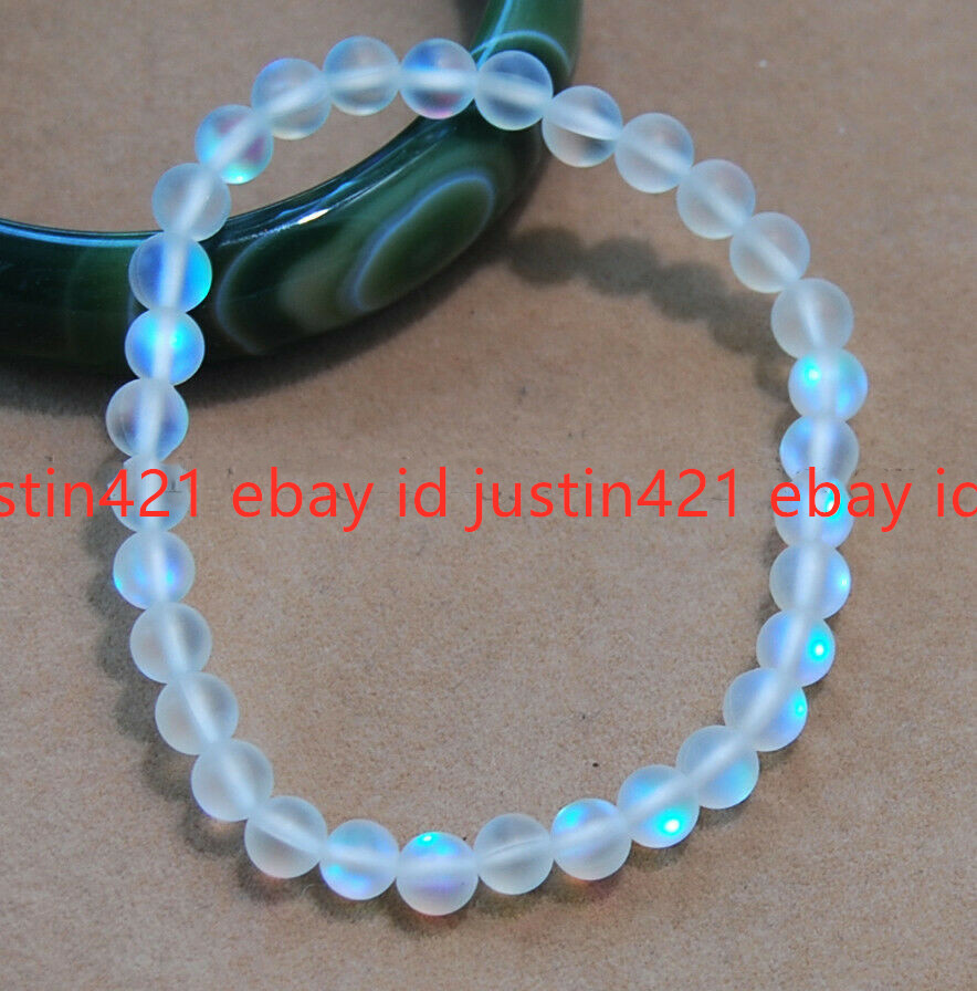 Natural 6/8/10/12mm White Gleamy Rainbow Moonstone Gemstone Bracelet 7.5” AAA+