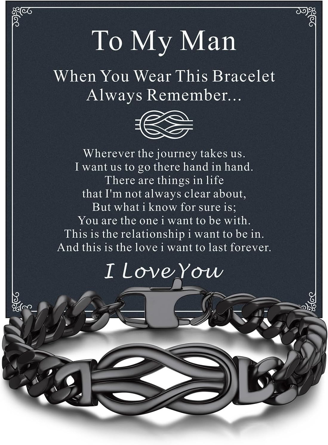 Inifinity Love Knot Cuban Link Chain Bracelets for Men Stainless Steel/Black Men