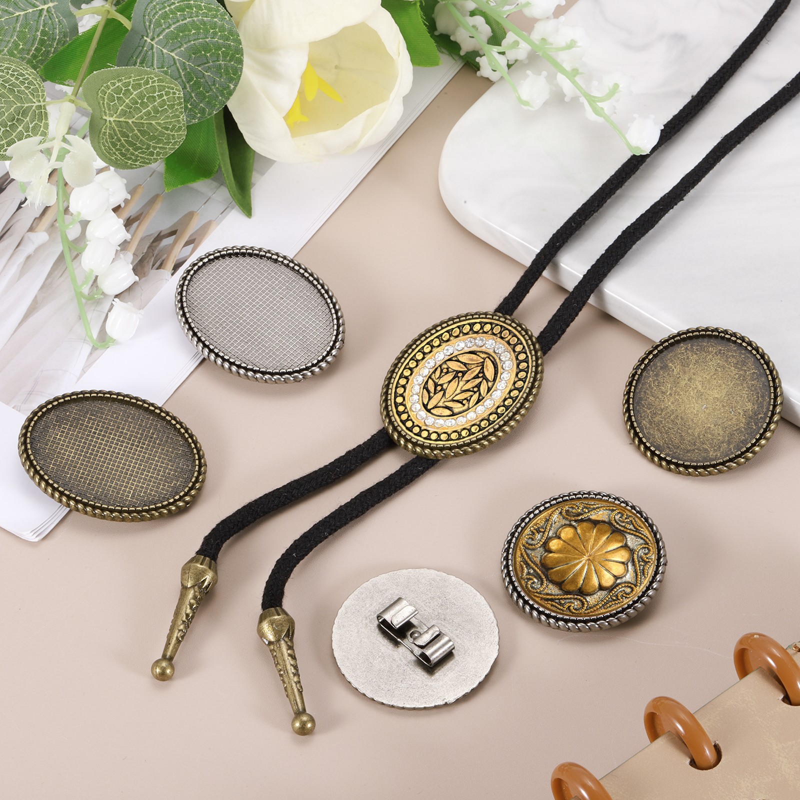 10Pcs Bolo Tie Buckle, Oval Vintage Blank Slide Clasp, Style 1, Silver Tone