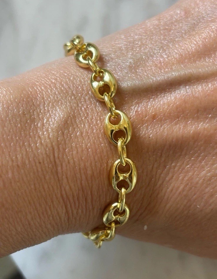 14k yellow Gold Plated Puffy Puffed Anchor Mariner Link Chain bracelet new 8mm