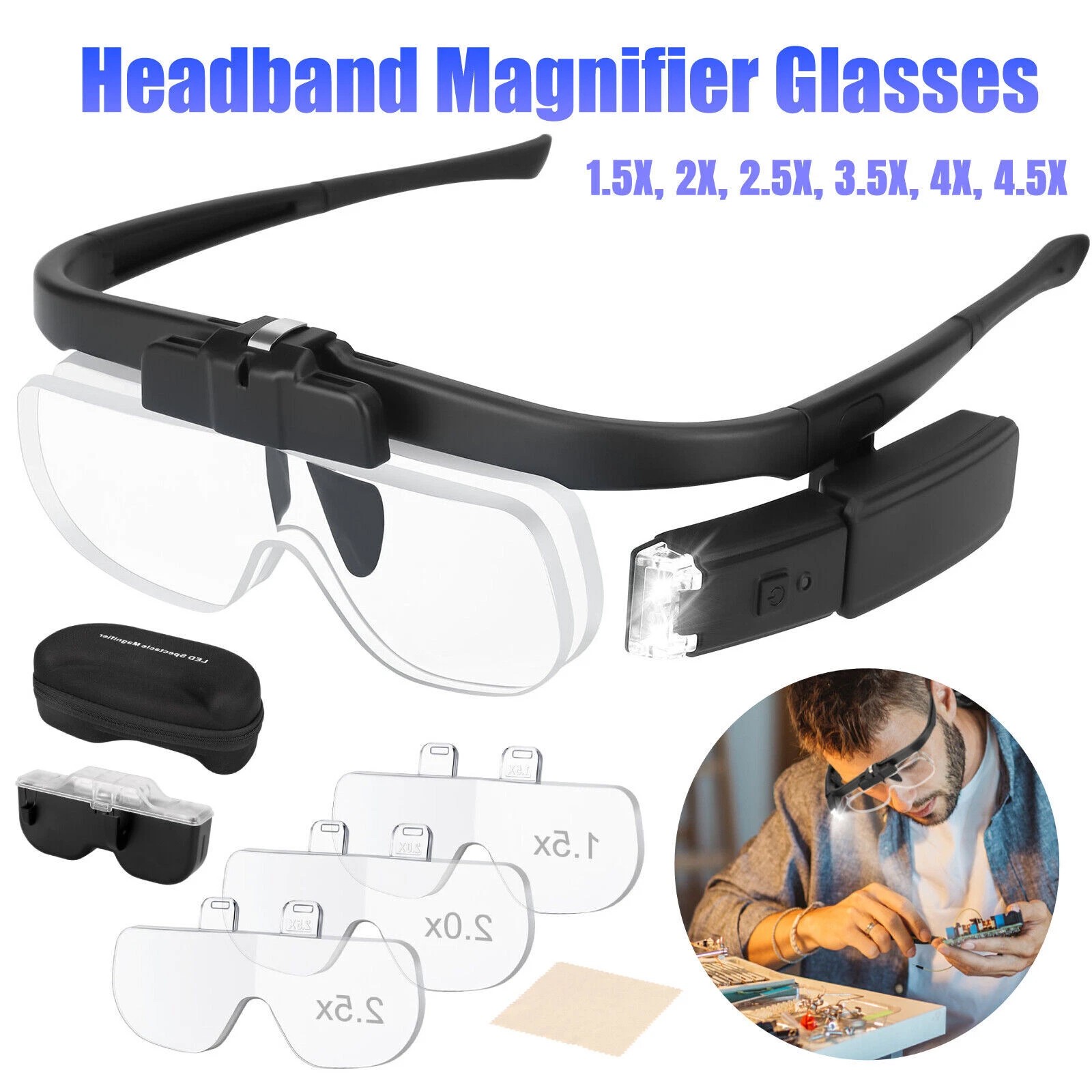 Jewelers Head Headband Magnifier 2 LED Illuminated Visor Magnifying Glass 3 Lens
