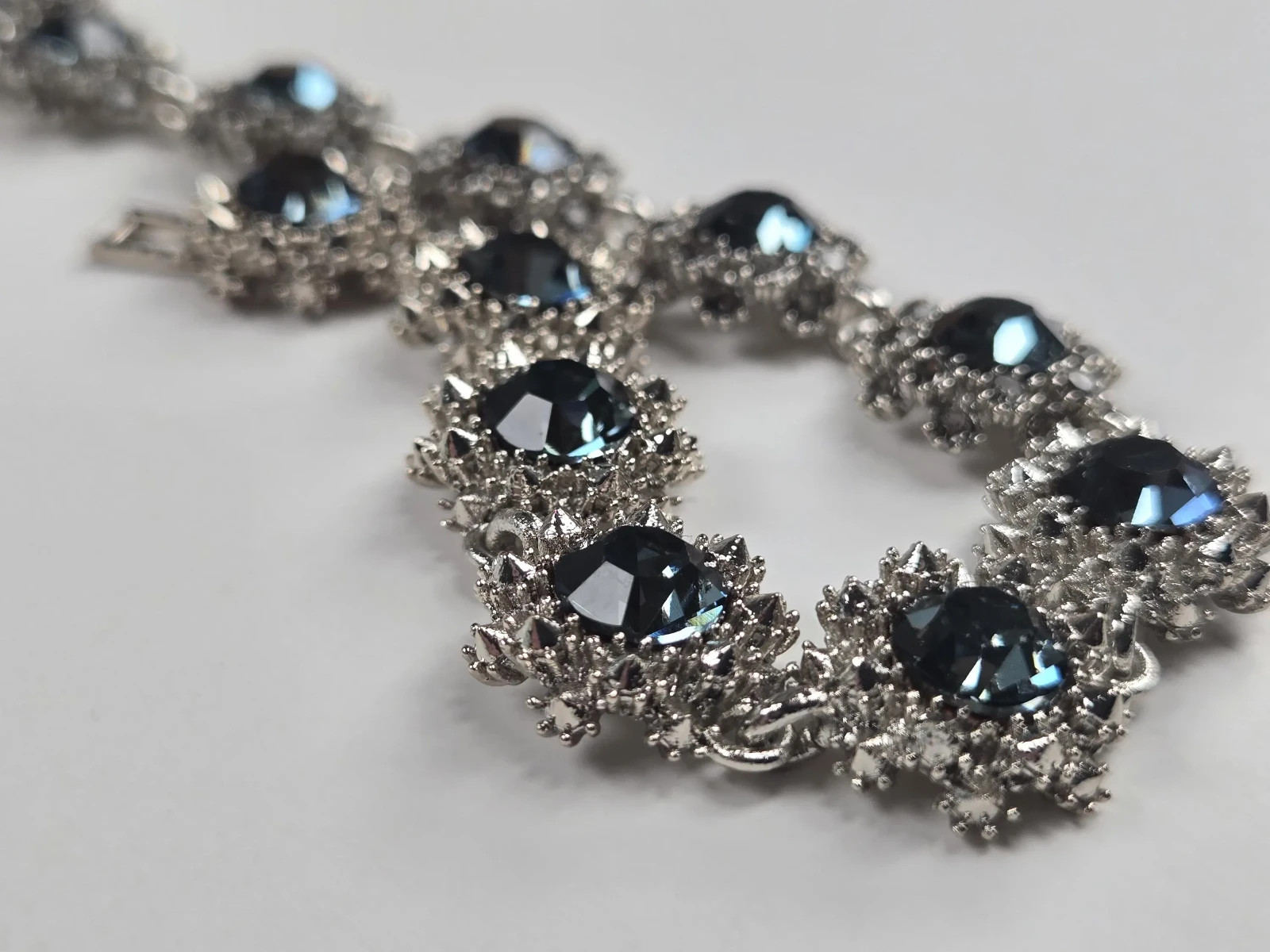 Blue Rhinestone Necklace Victorian Style 16 In Statement Special Occasion Silver