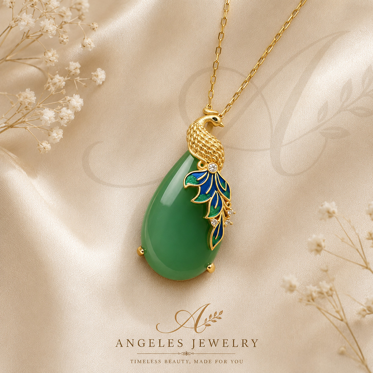 Jade Pendant Necklace Charm 18K Gold Plated Chain Phoenix Bird Dainty Gemstone