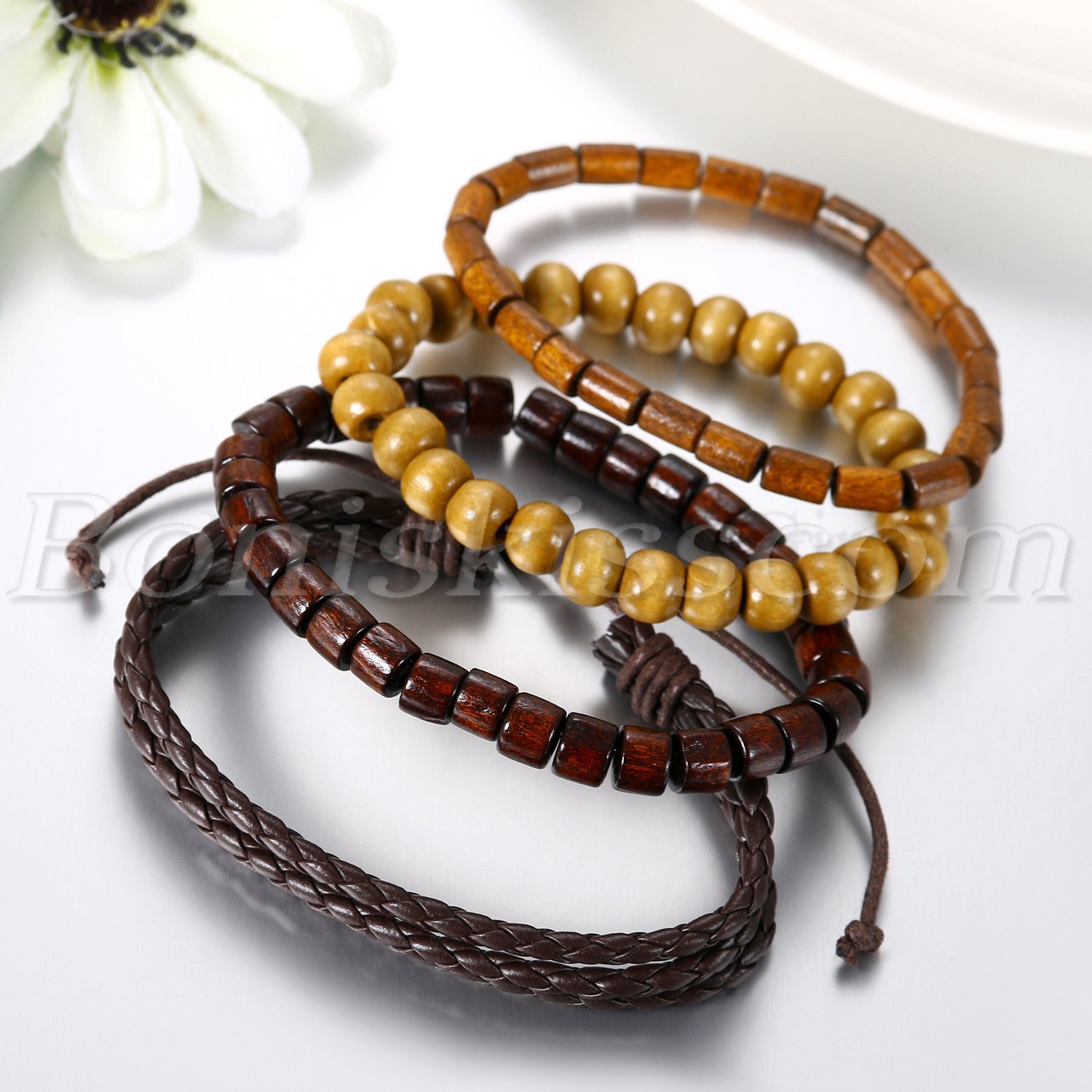 4pcs Men Women Handmade Retro Brown Leather Beaded Bracelet Cuff Set Adjustable