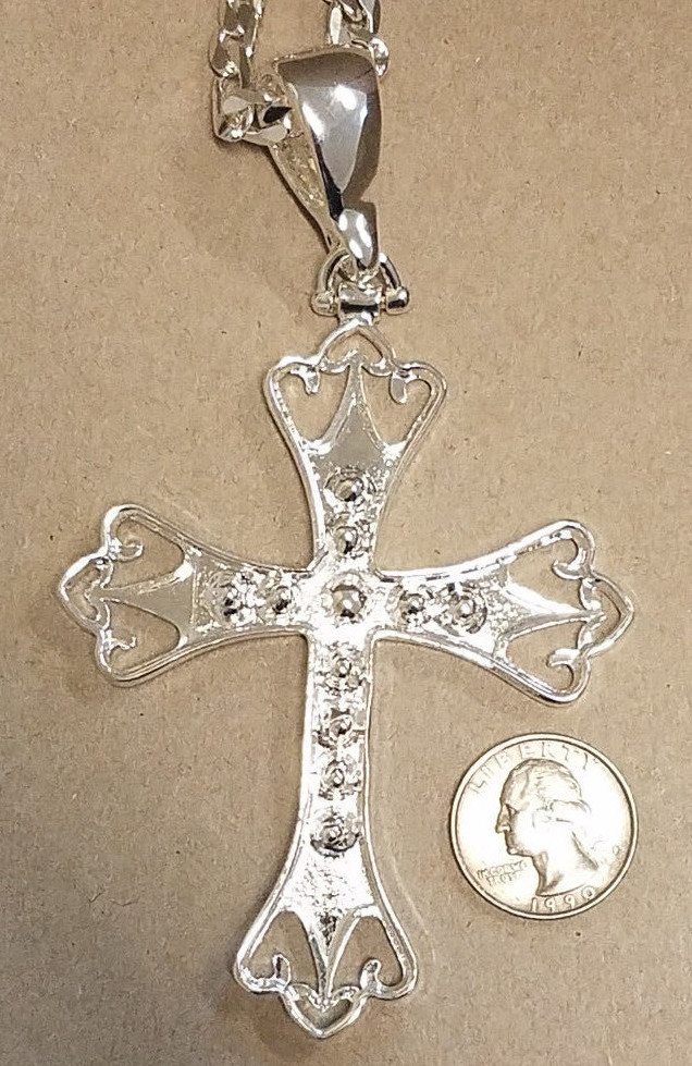Men’s Silver Plated 30in Long 7mm Wide Figaro Chain & XL Crown CZ Cross Charm
