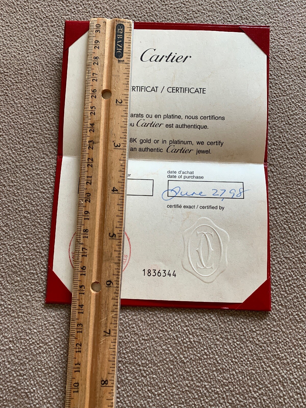 Cartier 18K Gold or Platinum Jewelry Jewel Certificate Guarantee Authentic