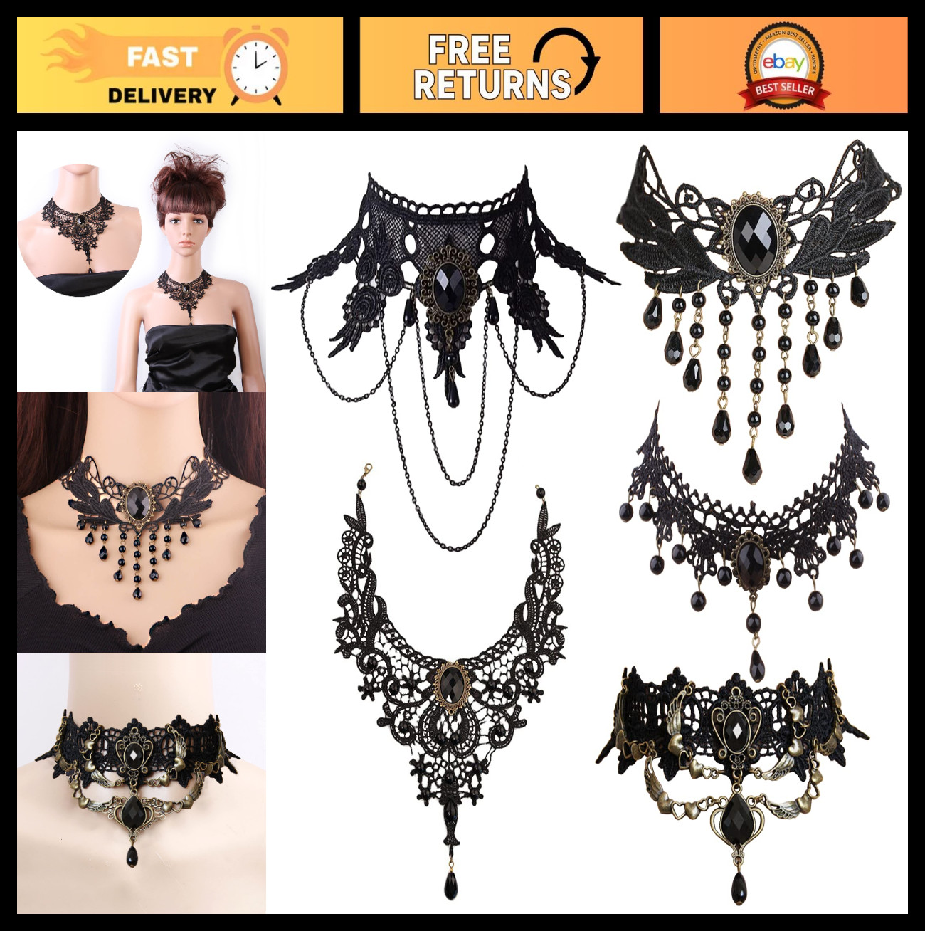 5-Piece Halloween Gothic Jewelry Set – Sexy Lace Choker Necklaces & Pendants for