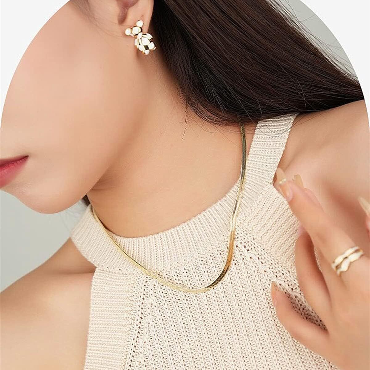 Gold Tone Clavicle Chain Flat Snake Bone Herringbone Choker Neck Necklace Chain
