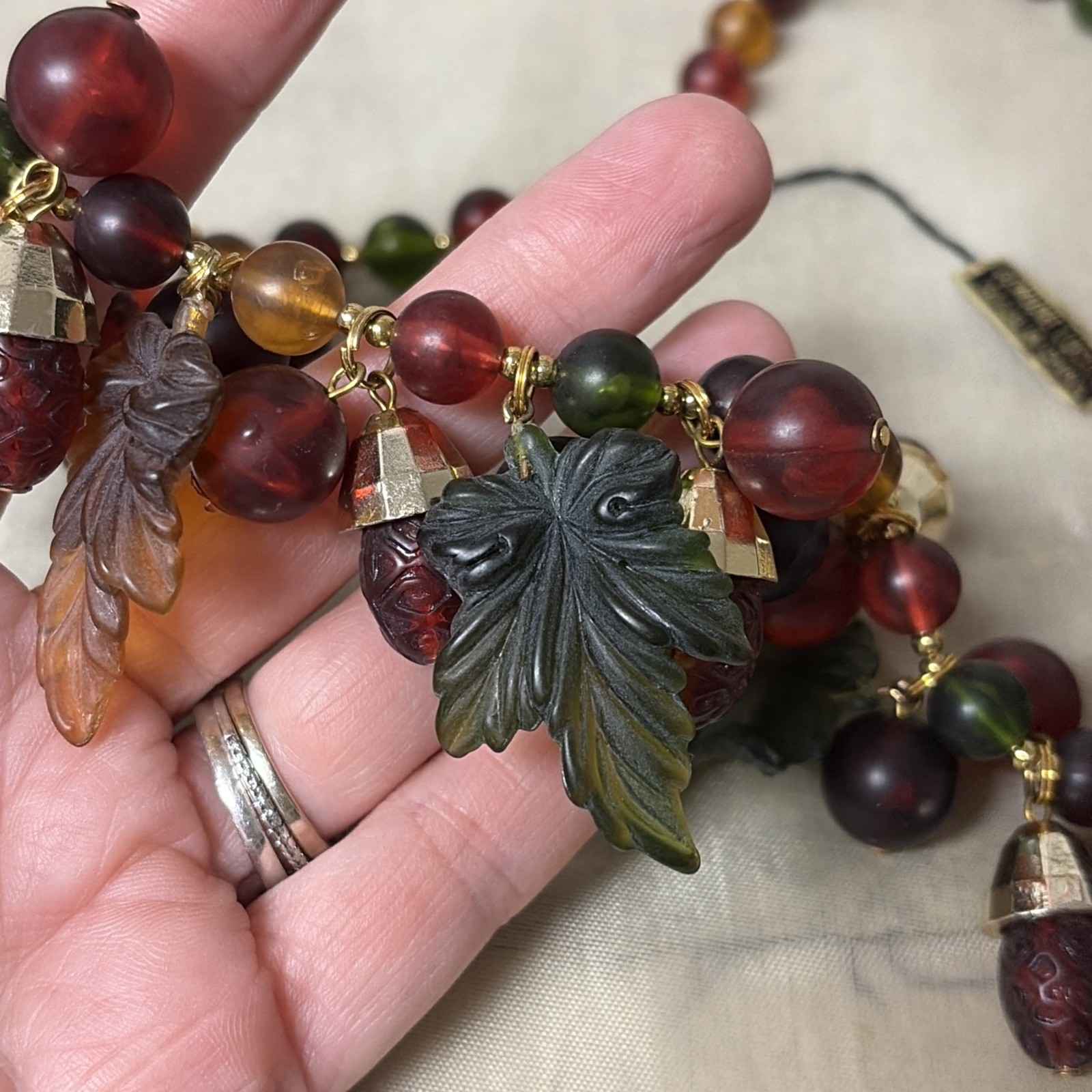 Vtg NWT Lucite Necklace Red Green Orange Brown Necklace Autumn Fall Leaves Acorn