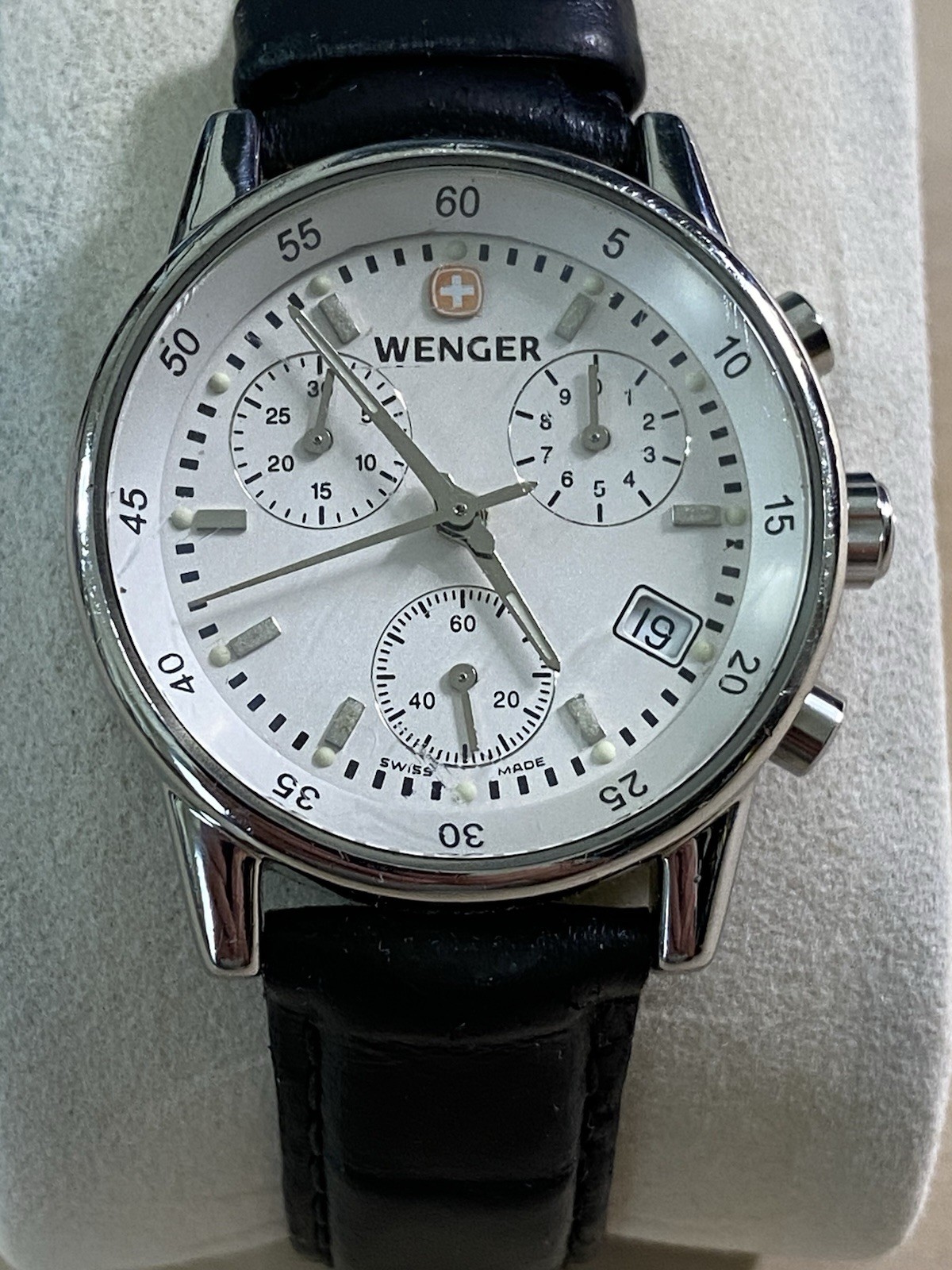 Ladies Wenger Swiss Army Quartz Chronograph Date Silver Dial Black Leather Watch