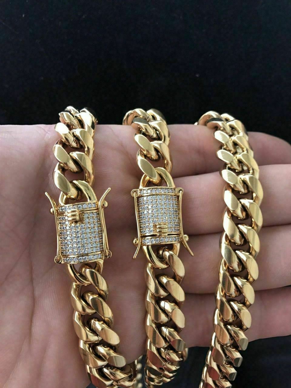 Men Real Cuban Miami Link Bracelet Chain Set 18k Gold Plated Simulated Diamond