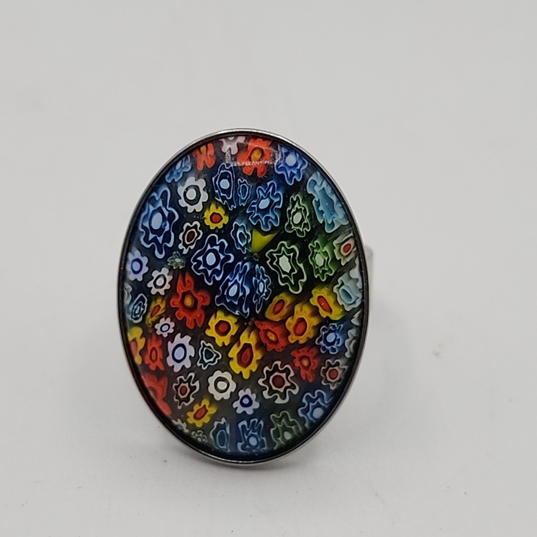 Multicolor Millefiori Murano Glass Stainless Steel Cocktail Ring Size 8, Italy