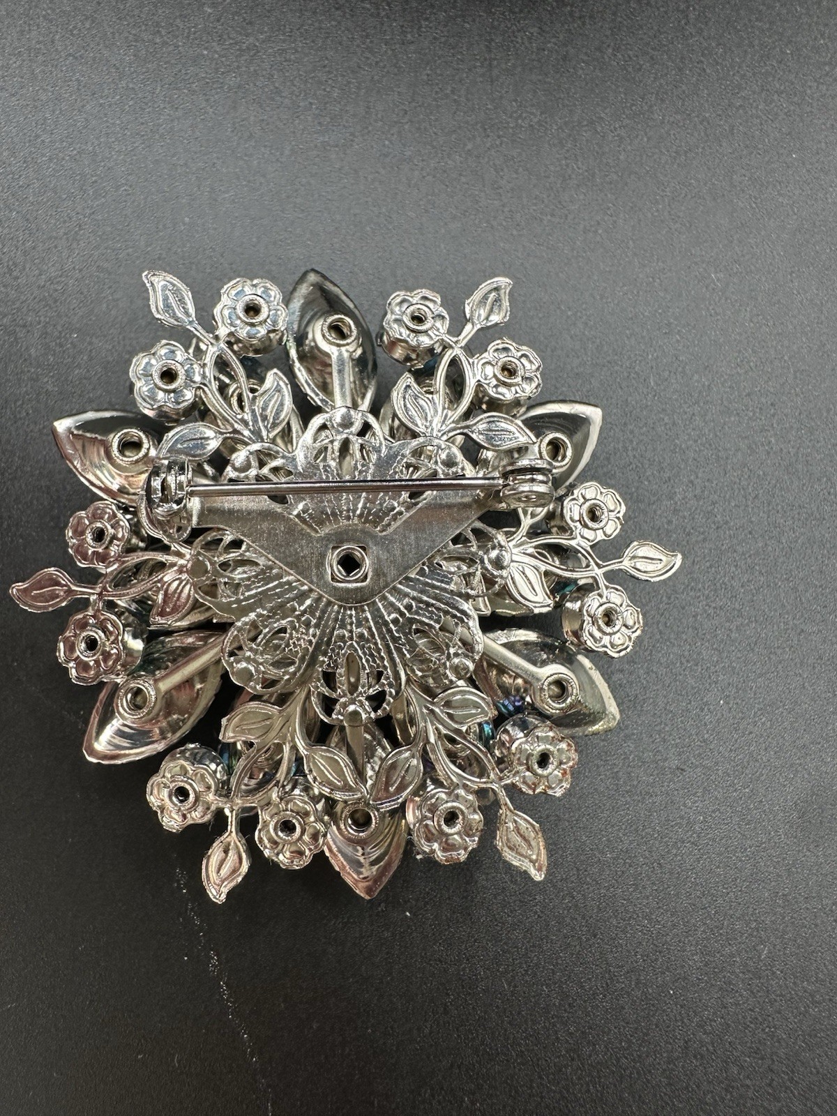 Vintage Unsigned Smoky Gray Navette Rhinestones and Blue Aurora Borealis Brooch