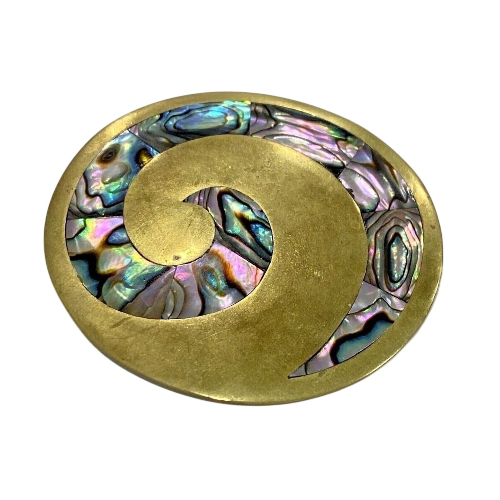 Modern Art Brooch Pendant Brass swirl & abalone shell Boho statement jewelry