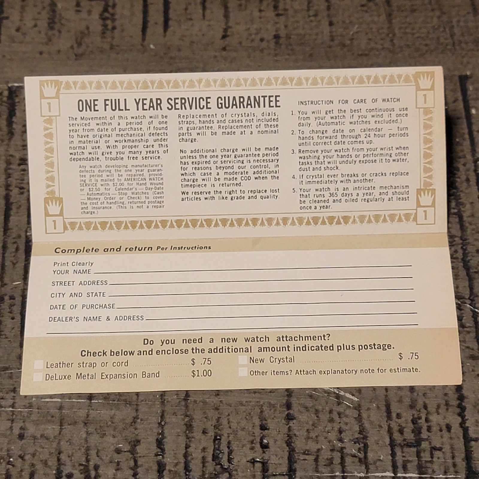 American Watch Service One Year Guarantee