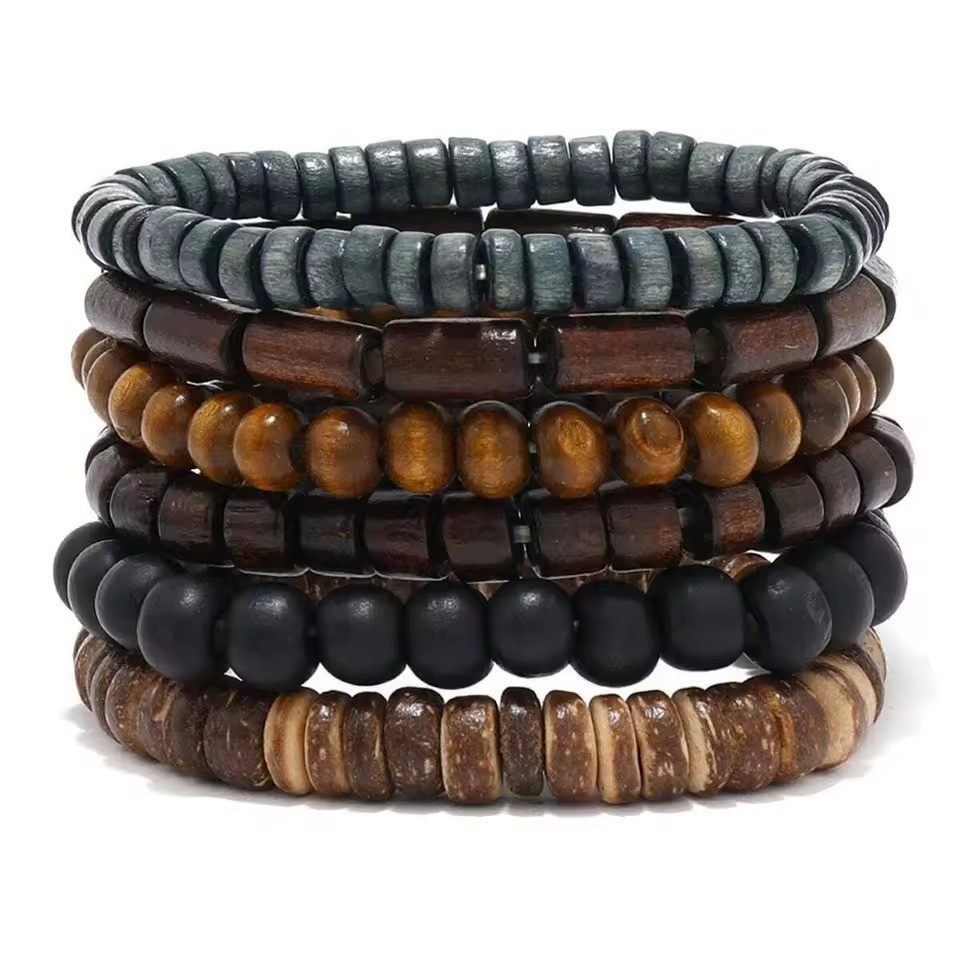 6PCS Wooden Beaded Leather Bracelet Men Vintage Braided Wrap Armband Jewelry