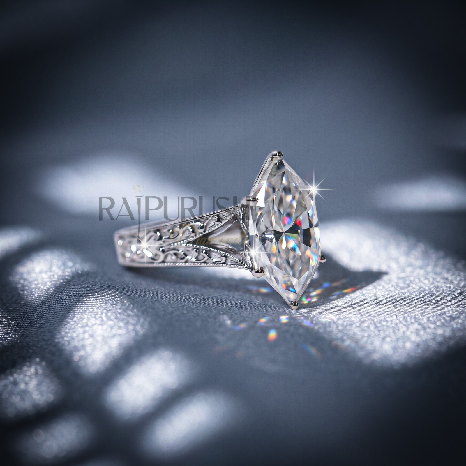 Marquise Cut Moissanite Art Deco Engagement Ring 925 Sterling Silver Bridal Band