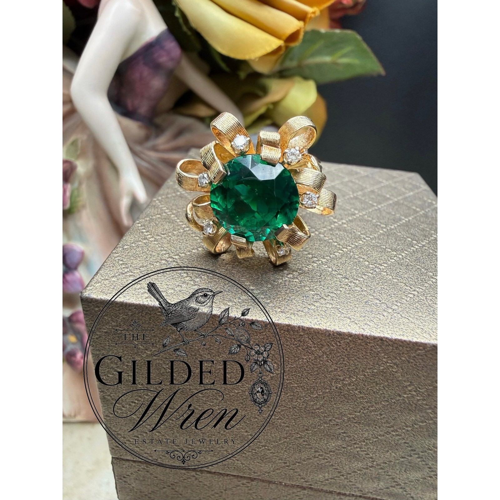 Vintage 14K Gold Hollywood Regency Ribbon Ring | Simulated Emerald 9.28g Sz 6.5