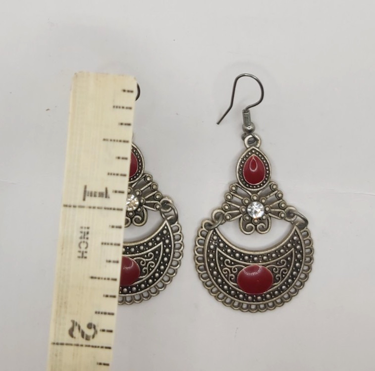 Vintage Berber Boho Silver Color Chandbali Crescent Dangle Earrings Red Rhinesto