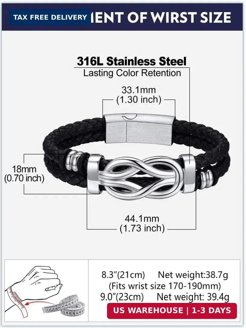Infinity Love Knot Bracelet for Men Black Leather Love Link Cuff Bracele