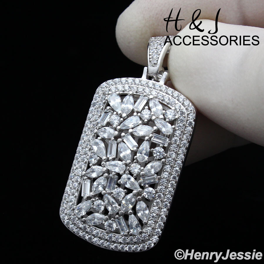 MEN SOLID 925 STERLING SILVER ICY BAGUETTE BLING CZ 3D DOG TAG PENDANT*ASP251