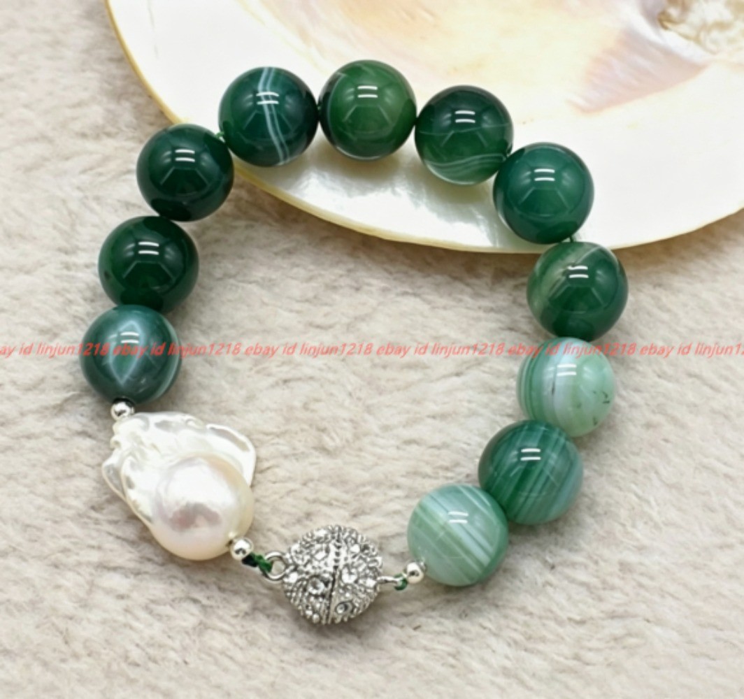 Natural Pretty 12/14mm Green Striped Agate White Baroque Pearl Bracelet 7-9in