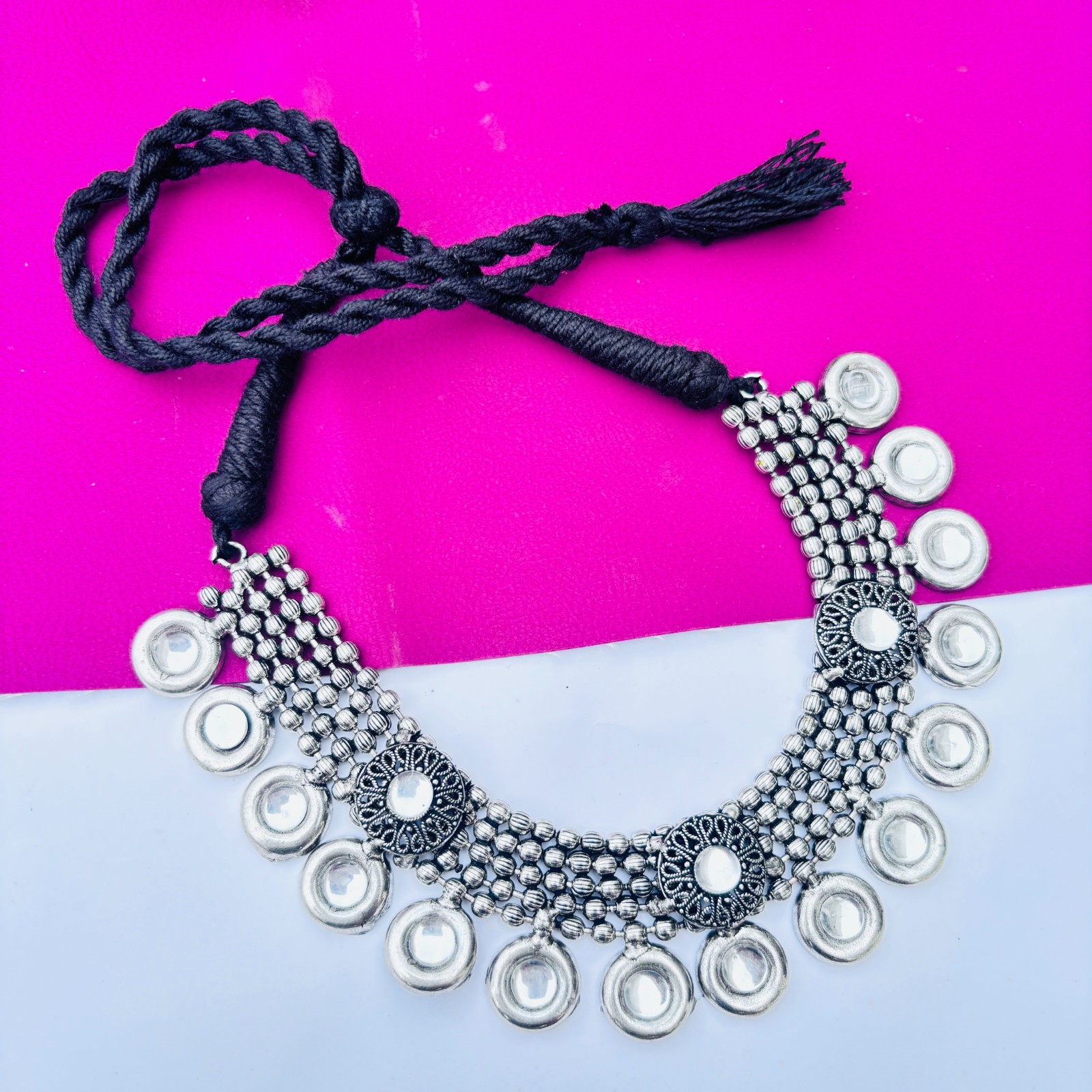 Indian Oxidized Silver Plated Necklace Set With Earring Nose Pin And Bracelets