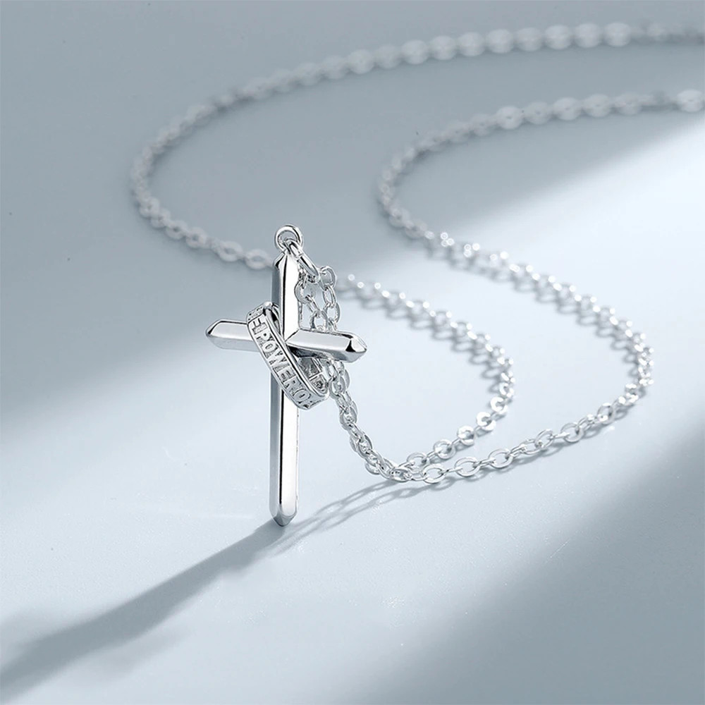 Men’s Stainless Steel Cross Necklace, Hip Hop Style Faith Cross Pendant with Let