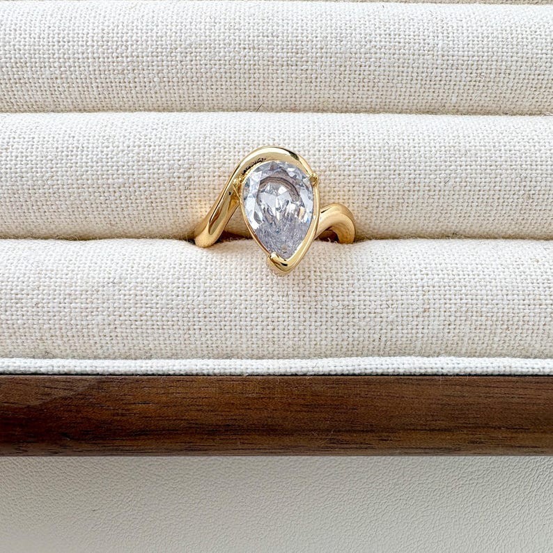 Pear Shape Moissanite Bypass 14K Gold Plated Teardrop Engagement Ring
