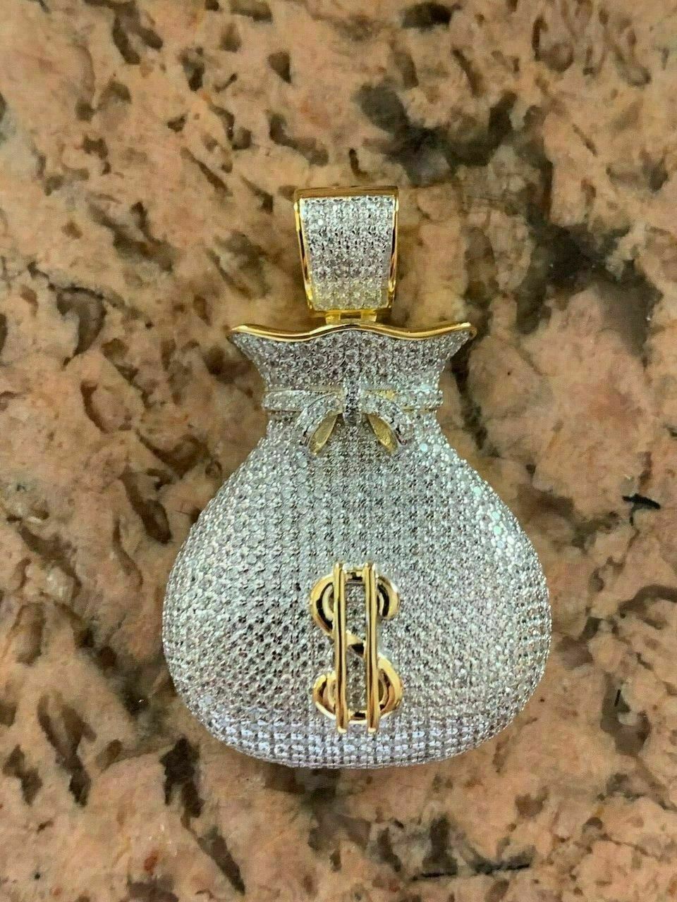 Solid 925 Silver 14k Gold Plated Money Bag CZ Dollar Sign Hip Hop Necklace