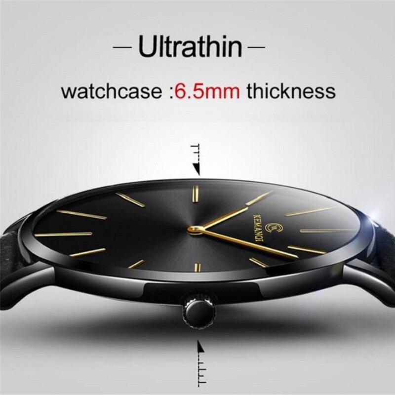 Men Trendy Ultra Thin Minimalist Watch Slim Leather Strap Stainless Steel Quartz