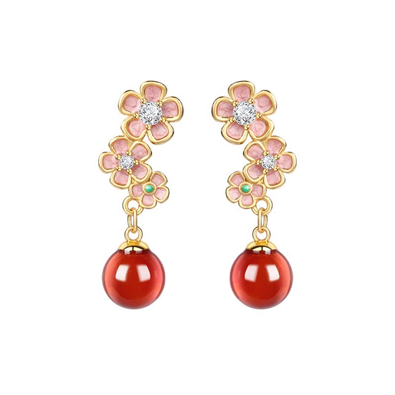 Red Jade Drop Dangle Earrings Gemstone Flowers Shape Stud 18K Gold Plated