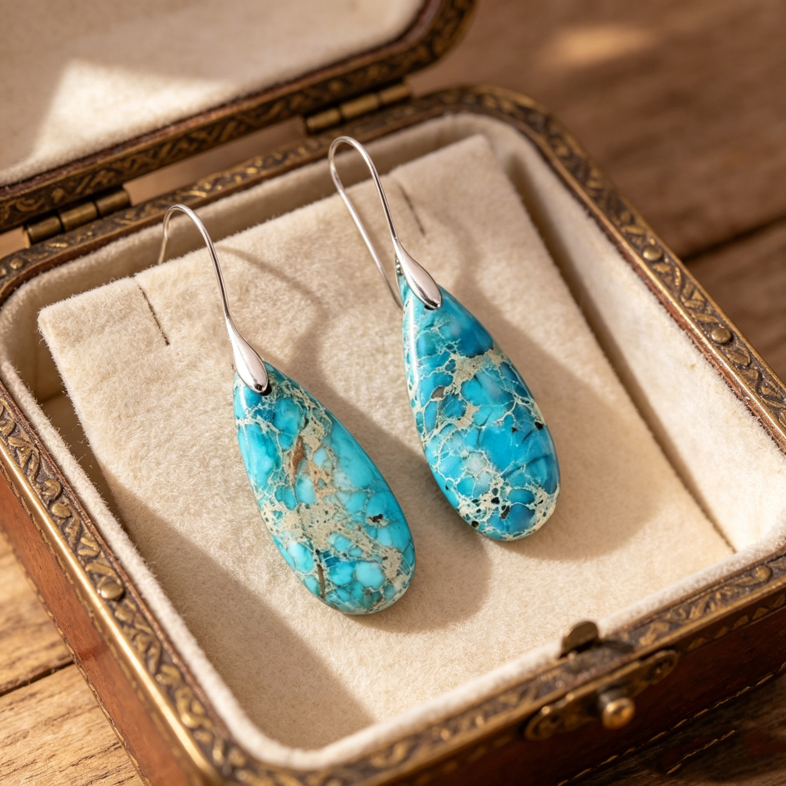 Natural Turquoise Teardrop Drop Earrings 925 Sterling Silver Hooks Boho Western