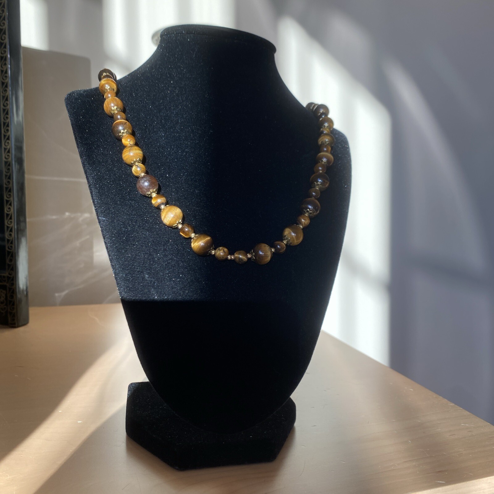 Vintage Tigers Eye Necklace Estate Fine Jewelry Pre-Owned Floral Filigree 25″