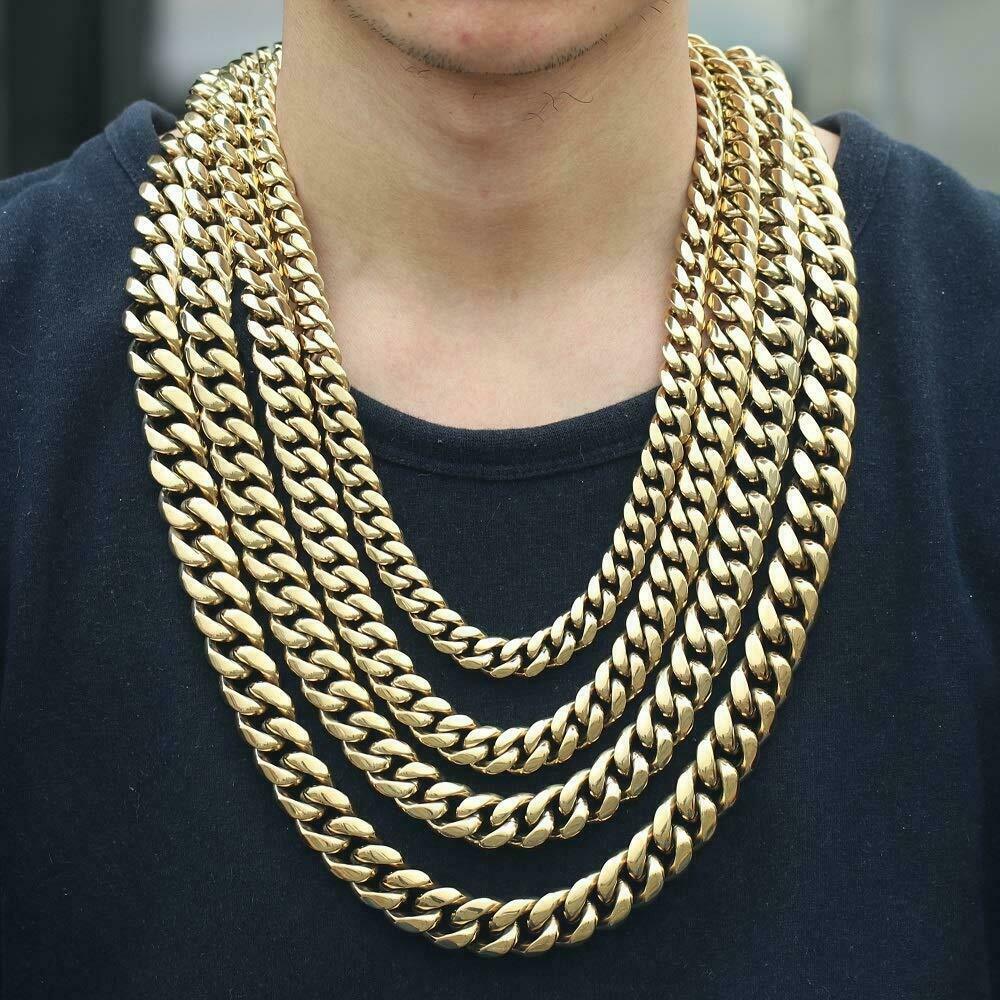 Men’s Miami Cuban Link Chain Bracelet Solid 14K Gold Plated Stainless Steel