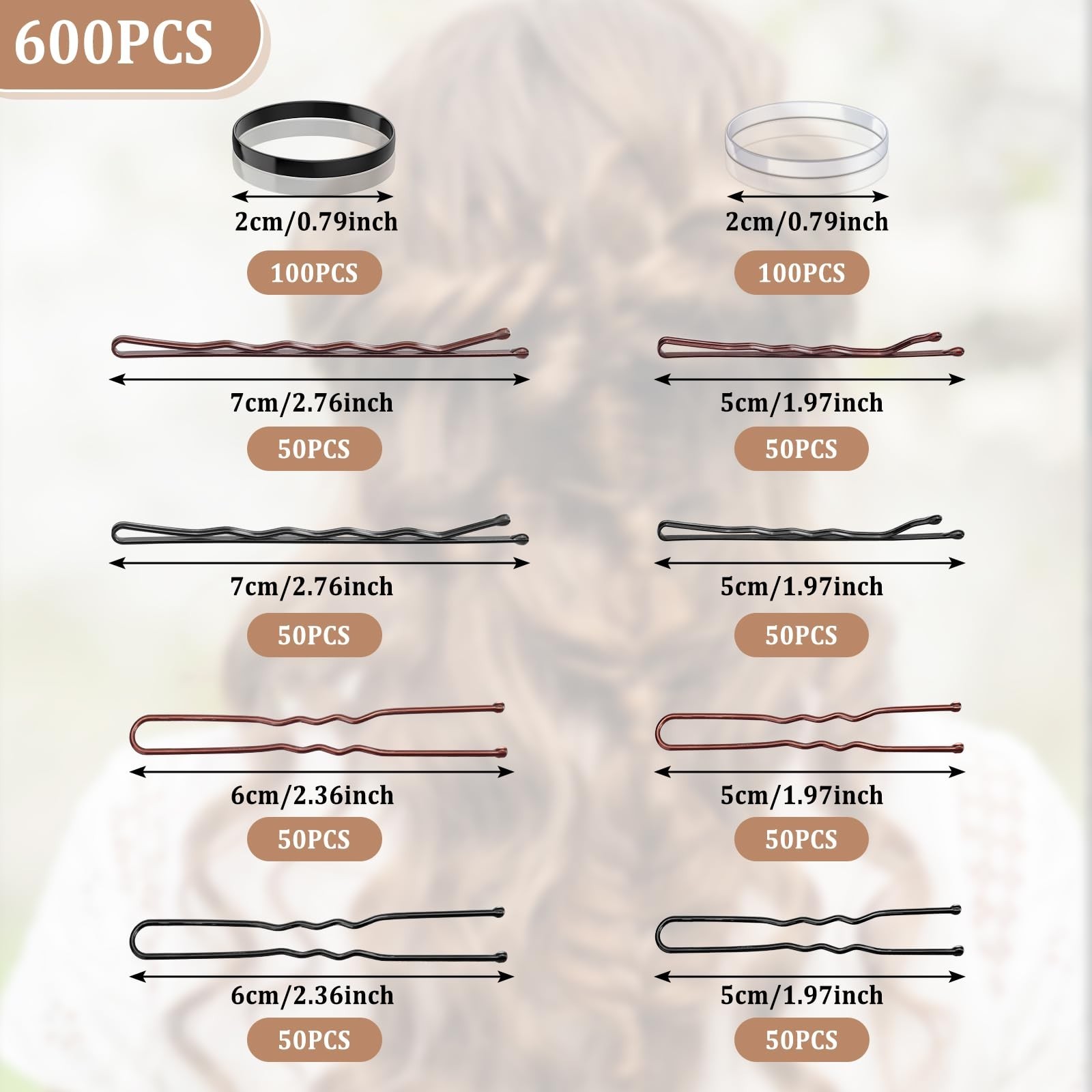 600PCS Bobby Pins Hair Pins Kit, Brown & Black Hair Clips & Bands with Storag…