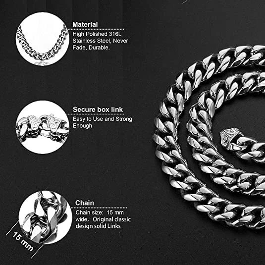 15mm 316L Stainless Steel Curb Cuban Link Chain Necklace 16″-40″ for Men