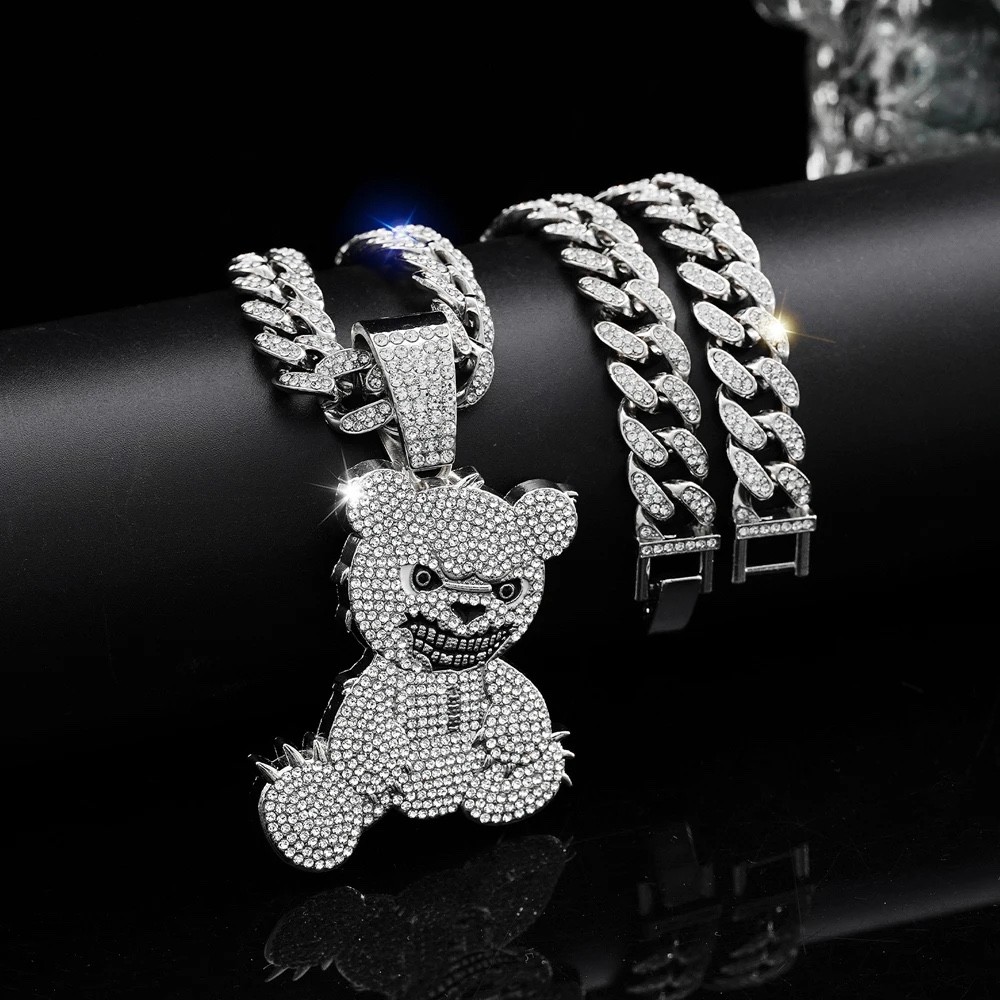 Iced Out Evil Bear Hip Hop Pendant Necklace Cuban Link Chain Bling Silver Gold