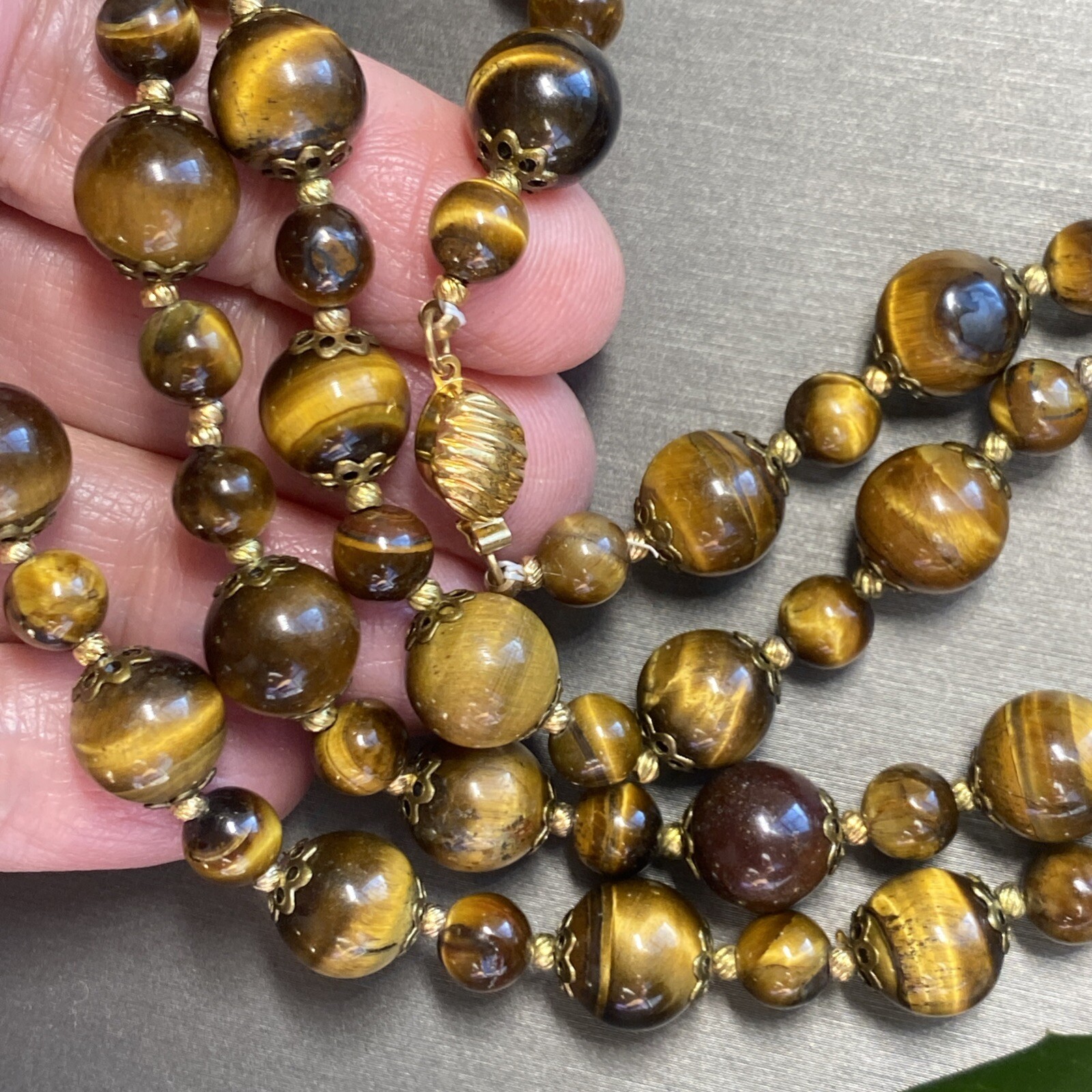 Vintage Tigers Eye Necklace Estate Fine Jewelry Pre-Owned Floral Filigree 25″