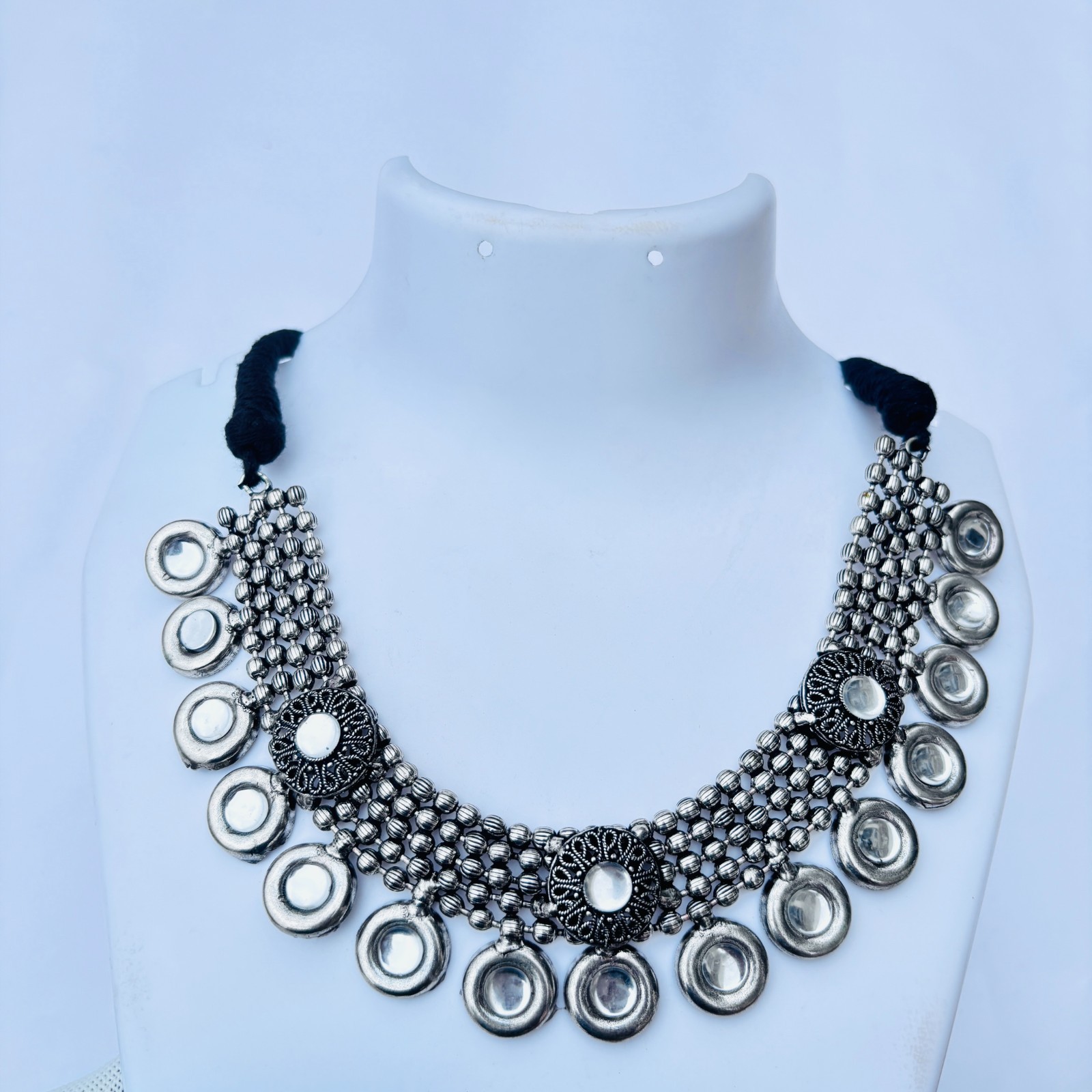 Indian Oxidized Silver Plated Necklace Set With Earring Nose Pin And Bracelets