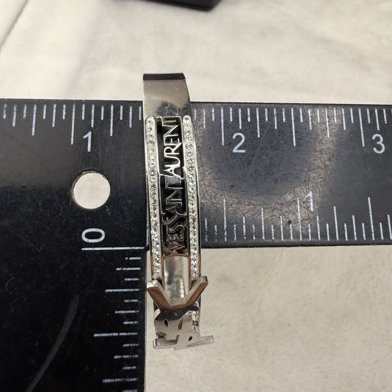 Vintage YSL Yves Saint Laurent Bangle Bracelet Silver Tone Rhinestone 6.5”