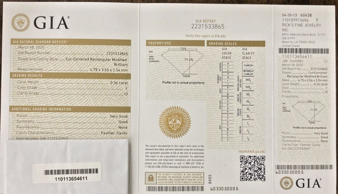 GIA Certified .36ct. Natural Loose Diamond I I3 Rectangular Modified Brilliant