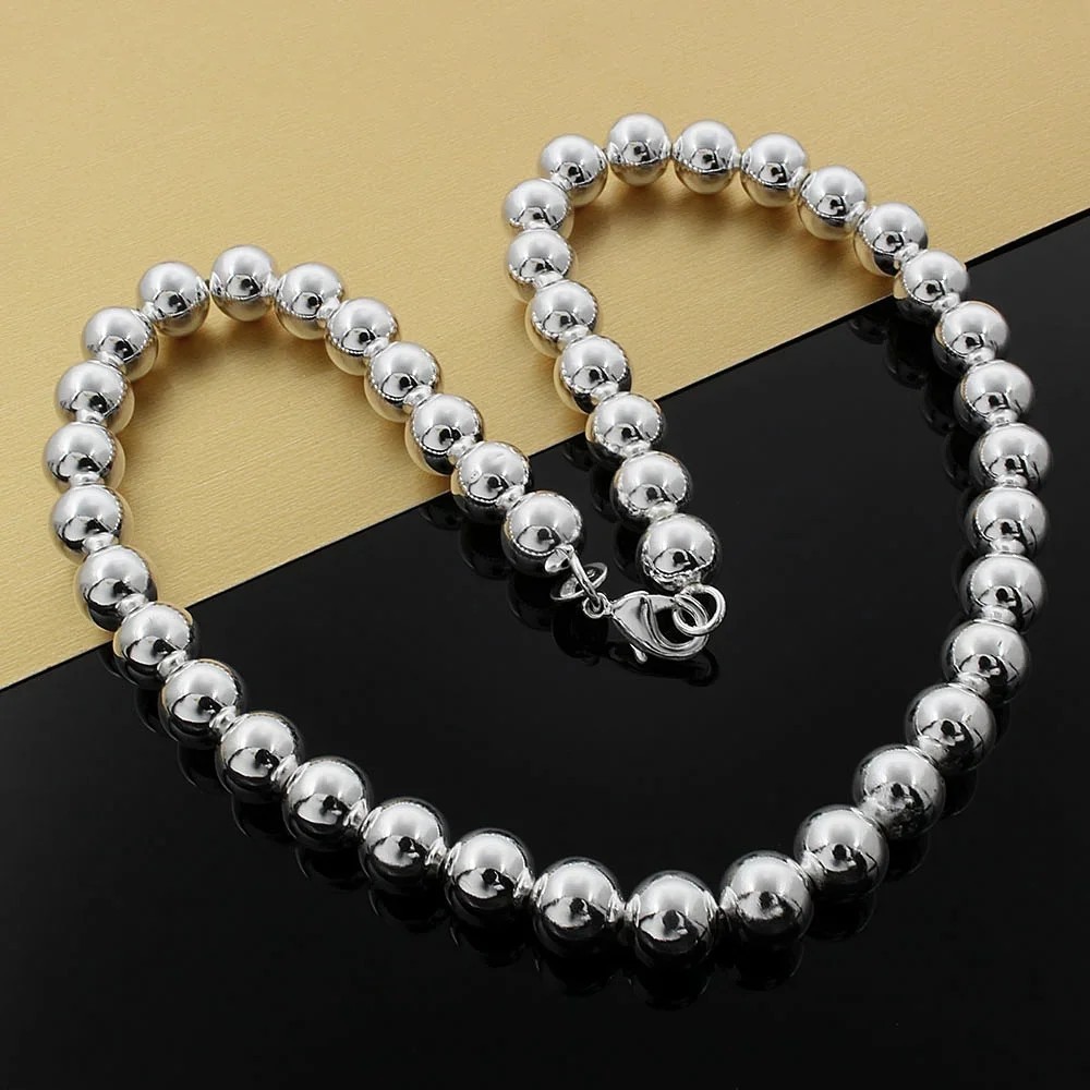 10MM Smooth Beads chain 925 Sterling Silver Necklaces for Women wedding Gift