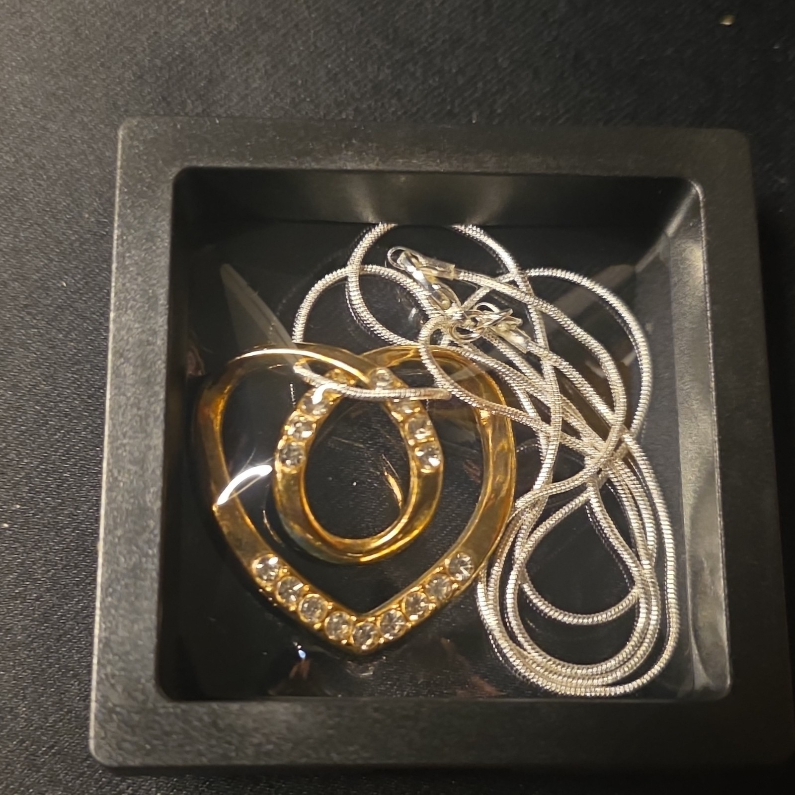 Vintage Gold Tone Rhinestone Heart Pendant Necklace 24″ 925 Sterling Silver