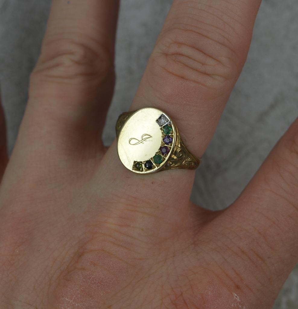 DEAREST 9 Carat Gold and Gemstone Acrostic Signet Ring