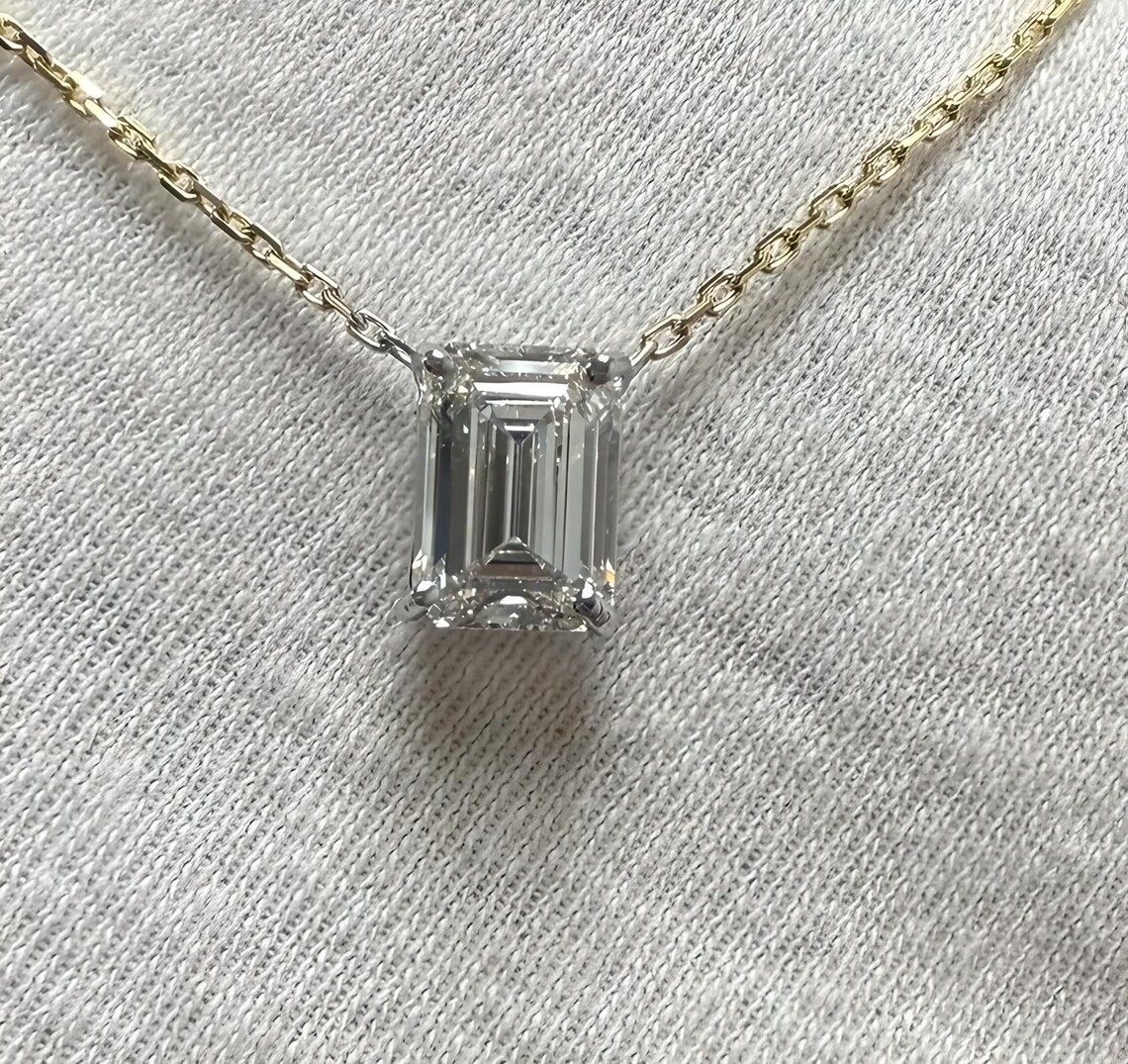 3.20CT Emerald Cut Moissanite 14K Multitoned Gold Plated Solitaire Charm Pendant