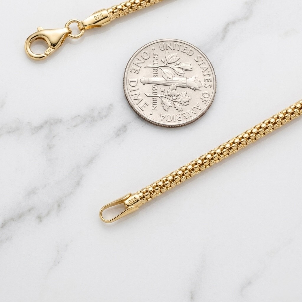 Technibond Smooth Popcorn Coreana Chain Bracelet 14K Yellow Gold Plated Silver